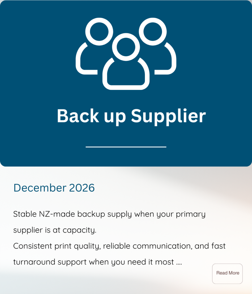 Back Up Supplier service tile featuring group icon and summary of NZ-made backup packaging supply when primary suppliers are at capacity.