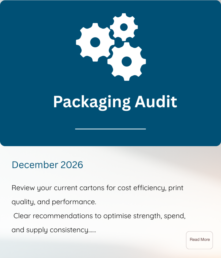 Packaging Audit service tile with cog icon representing review of current cartons for cost, print quality, and performance