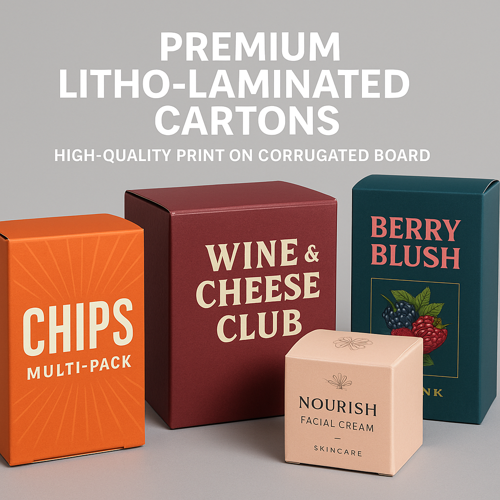 Premium litho-laminated wine carton and large shelf-ready tray with generic luxury branding, showcasing high-quality print and retail-ready packaging