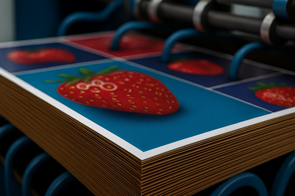 Litho-laminated printed sheets showing high-quality strawberry graphics mounted onto corrugated board
