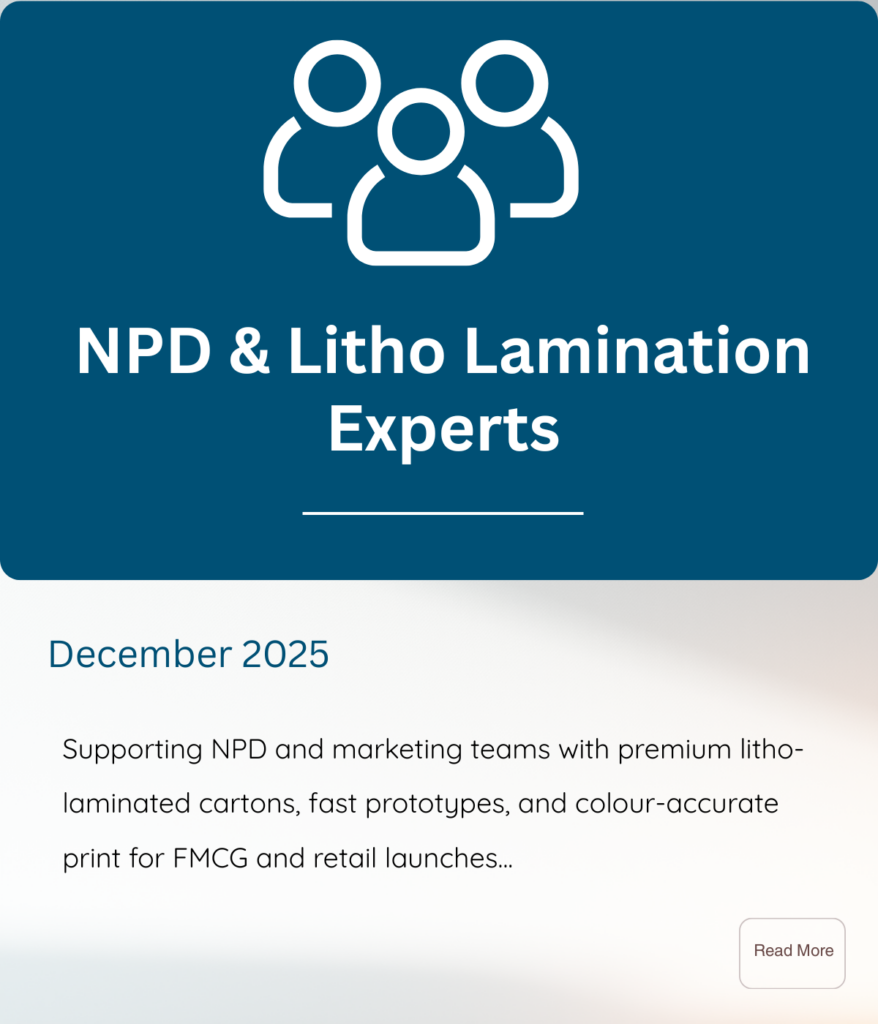 Packaging NPD support showing premium litho-laminated cartons, prototypes, and kraft board options