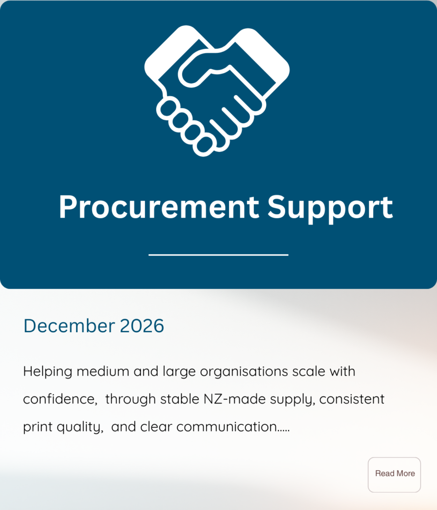 Procurement Support service tile showing handshake icon and description of NZ-made carton supply for medium and large organisations